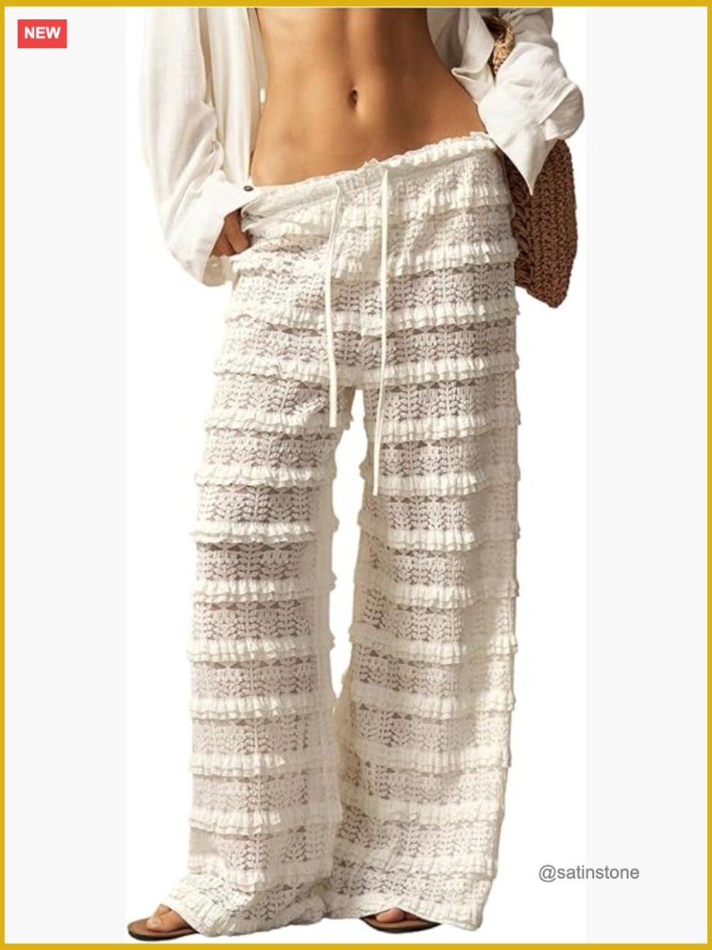 Women's Crochet Lace Pants Ruffle Layer Mesh Beach Cover Up